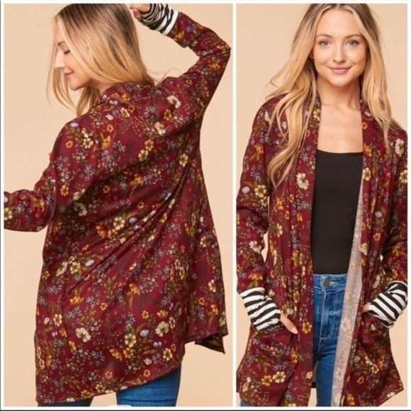 Burgundy Floral Stripe Knit Sweater Cardigan - Picture 2 of 3